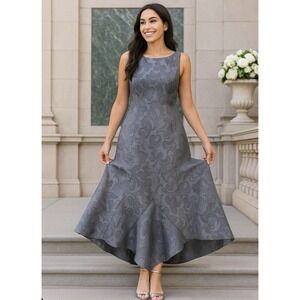 New Carol Peretz Vintage Silk Gown Textured Midi Dress Gray Petal 8 $1970